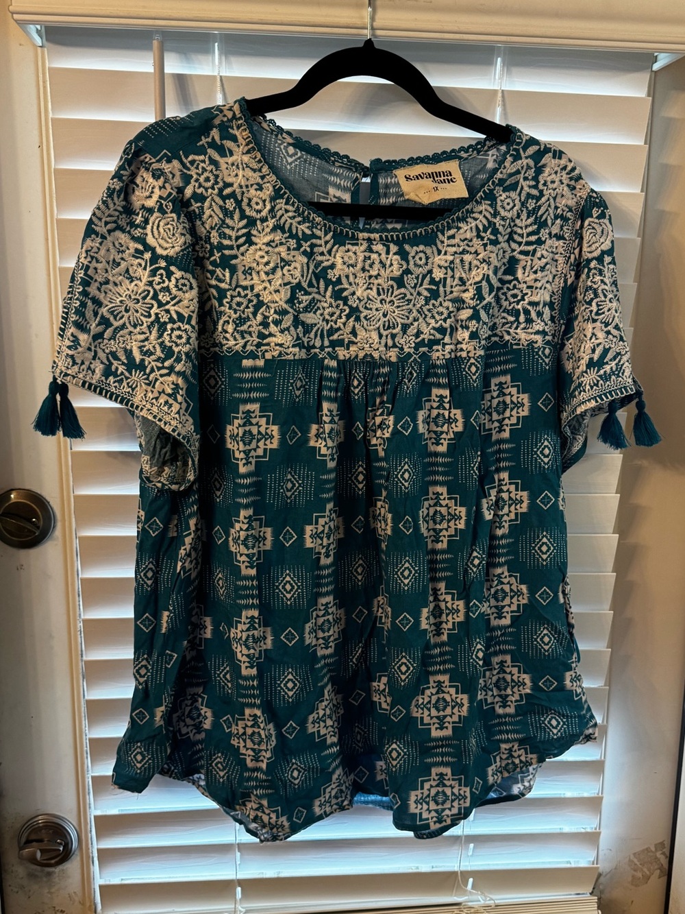 Savanna Jane Teal and White Embroidered Tassel Blouse
